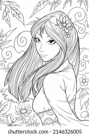 Young beautiful girl with long hair in garden. Flowers. Outline hand drawing coloring page for adult coloring book. Stock line vector illustration. Outline drawing.