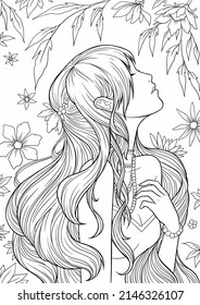 Young Beautiful Girl With Long Hair In Garden. Flowers. Outline Hand Drawing Coloring Page For Adult Coloring Book. Stock Line Vector Illustration. Outline Drawing.