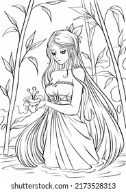 Young beautiful girl with long hair in garden. Flowers. Outline hand drawing coloring page for adult coloring book. Stock line vector illustration. Outline drawing.