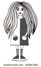 Young beautiful girl with long hair on the gray and white dress. Art element for adult coloring book page design.