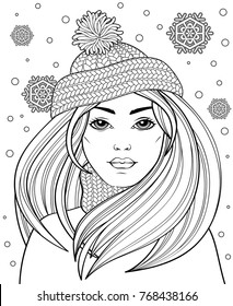 Young beautiful girl with long hair in knitted hat. Tattoo or adult antistress coloring page. Black and white hand drawn doodle for coloring book