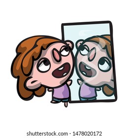 The young beautiful girl looks in a mirror and flaunts in front of herself.