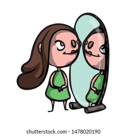 The young beautiful girl looks in a mirror and flaunts in front of herself.