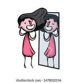 The young beautiful girl looks in a mirror and flaunts in front of herself.
