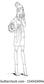 Young beautiful girl, model, in a winter stylish coat, high heels, holds a Christmas wreath in her hands, Christmas fashion illustration, linear drawing, coloring book, in vector