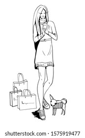 Young beautiful girl in a new dress and long hair and with a dog in a sweater takes a selfie with purchases after shopping, fashion vector illustration, a linear drawing on a white background