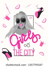 Young beautiful girl and objects. Girls and the city. Vector illustration