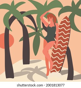 A young beautiful girl on the island is resting and surfing with a surfboard. A woman stands under the palm trees in the shade of a hot summer on vacation. Vector.