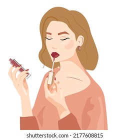A young beautiful girl paints her lips with lip gloss. A woman applies makeup to her face in her hand, she holds a red smear. Blonde does beauty treatments. Vector illustration is suitable for beauty 