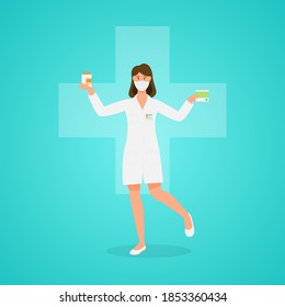 Young beautiful girl pharmacist sells medicines. Vector illustration.