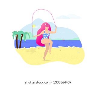 Young Beautiful Girl with Pink Hair Jumping with Jump Rope on Beach. Woman in Blue Swimsuit with Polka Dots Pattern. Body Positive, Healthy Lifestyle. Seaside Cartoon Flat Vector Illustration, Icon.
