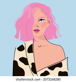young beautiful girl with pink hair in a bare shoulder in a kimono with a cow dots pattern.  flat illustration. 