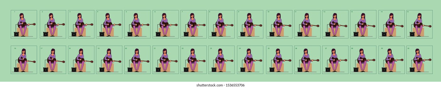 Young beautiful girl playing a guitar. Guitarist girl character for animation. Animation Sprite sheet for games or cartoon or animation - Vector