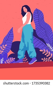 Young beautiful girl portrait. Cartoon teen lady background.
