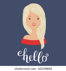 Young beautiful girl portrait. Hand lettering "hello". Vector art