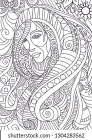 Young beautiful girl portrait with long wavy hair. Tattoo or adult antistress coloring page. Black and white hand drawn sketch for coloring book, textile fabric print. Vector zen doodle art illustrati