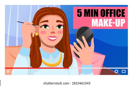 Young beautiful girl recording video. Videoblogger. Female doing 5 min office makeup. Fashion beauty blogger. Online channel concept, female video streamer. Woman brown haired shows ho to do make up