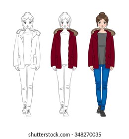 Young beautiful girl in red winter jacket. Three variants of coloring. Hand drawn vector illustration.