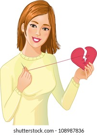 Young beautiful girl repairs fabric heart. Vector image of a cartoon cheerful girl who stitches a broken fabric heart