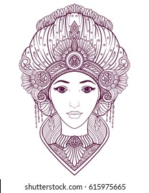 Young beautiful girl in rich decorated costume in oriental style. Stock line vector illustration. 