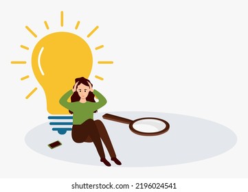 Young beautiful girl in search of ideas. A woman holding her head with both hands is brainstorming. can't find creative ideas. Seated girl looking for ideas, brainstorming. Creative person flat vector