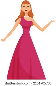Young beautiful girl sings song standing in red dress, presenter running show. Hobby or professional activity stage performance, singer sings songs to music at concert, karaoke party