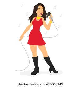 young beautiful girl sings a song into the microphone. isolated vector illustration.