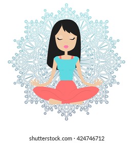Young beautiful girl sitting in the lotus position and meditates. mandala background.