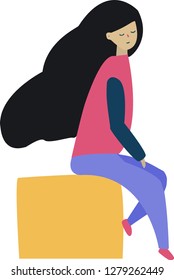 Young beautiful girl sitting on the box, vector illustration