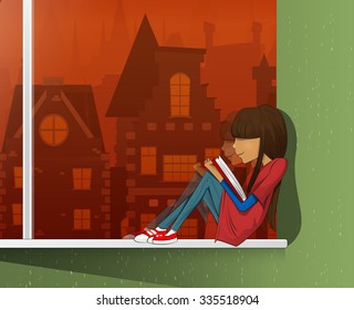Young beautiful girl sitting on a windowsill and read book. Layered vector illustration. Able to edit