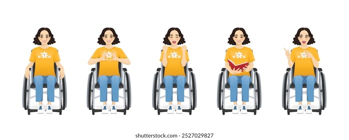 Young beautiful girl sitting in wheelchair in different poses set. Isolated vector illustration