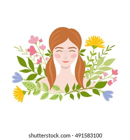 Junge schöne Mädchen mit Frühlingsblumen und Blättern. Mensch und Natur. Vektorillustration.