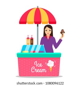 Young beautiful girl in a stall selling ice cream. flat vector illustration isolated on white background