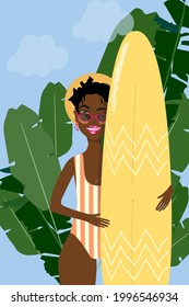 a young beautiful girl is standing with a surfboard in banana leaves. Summer vector illustration. Summer poster for design