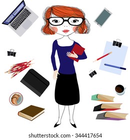 Young beautiful girl student. Vector illustration.