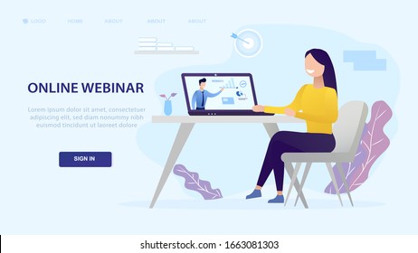 Young beautiful girl studying online through a laptop. Education online training courses vector illustration. tutorials e-learning concept. distance internet studying banner. skill development. Flat