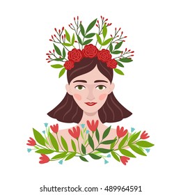 Young beautiful girl and summer flowers. Human and nature. Vector illustration.