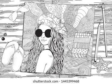 Young beautiful girl in sunglasses and bandana. Deckchair on a beach,  sea. Zentangle style. Black and white doodle coloring book page for adult and children.