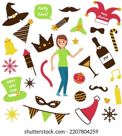 Young beautiful girl surrounded by new year symbols. Celebration party, fun activity, feeling excited concept. Female character dancing in holiday icons. Lady in dance rejoices, celebrating Christmas