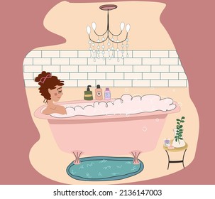 young beautiful girl takes a bath, home skin care, relaxation and rest. Relaxation in the bath, aromatherapy, burning scented candles, foamy water, bath with bubbles . Cartoon character.