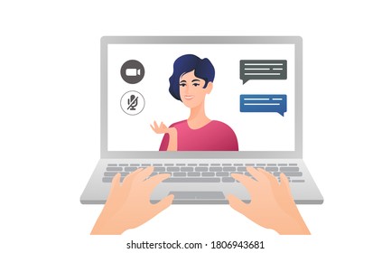 A young beautiful girl talks in an online lesson on a laptop screen. Video lecture with chat. Sound and video icons for school or work presentations on a white background.