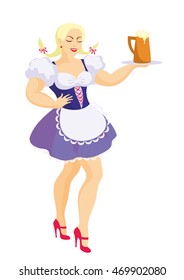 young beautiful girl in a traditional Bavarian dress holding a mug of beer