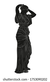 Young beautiful girl in a tunic straightens her hair. Ancient Greek style vector drawing isolated on white background.