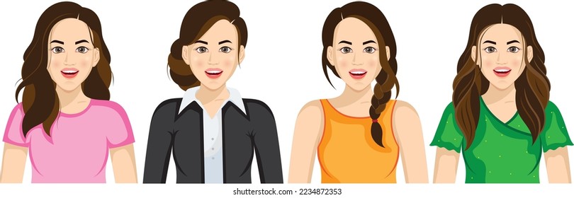 Muchacha hermosa con varios peinados y ropa. Conjunto de emociones. Colección de expresiones. Sensación positiva. Feliz, sonriente. Ilustración vectorial dibujada a mano.