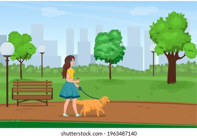 A young beautiful girl walks in a city park with a dog. Listens to music and drinks coffee. Relaxation. Stroll. Relaxation. Cartoon style. Concept. Lobrador. Vector illustration