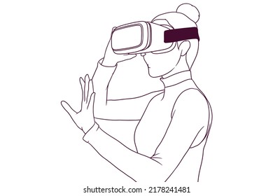 Young Beautiful Girl Wearing Vr Headset Hand Drawn Style Vector Illustration