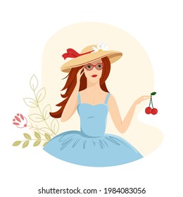 A young beautiful girl, woman on vacation holds cherries in her hands. Cute summer vector illustration decorated with leaves and flowers.