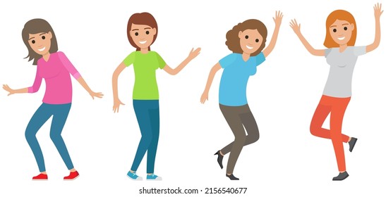 Young beautiful girls dancing and raising hands. Celebration party, activity, feeling excited concept. Female characters moving rhythmically to music. Ladies in dance rejoice. Joy of victory, success