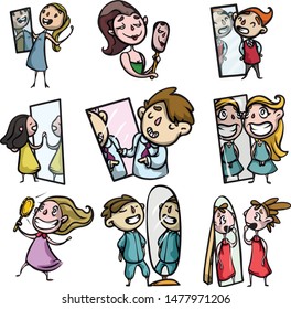 Young beautiful girls and guys look in the mirror and show off in front of themselves.
