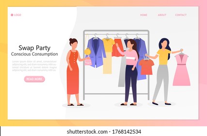 Young beautiful girls at a swap party or flea market. Conscious consumption. Active life position. Clothes donation. Eco lifestyle moving. Perfect for landing or web design. Flat Vector Illustration